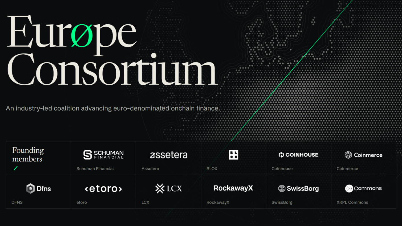 Eurøpe Consortium founding members, including Schuman Financial, eToro, Assetera, Coinhouse, Coinmerce, DFNS, LCX, RockawayX, SwissBorg and XRPL Commons