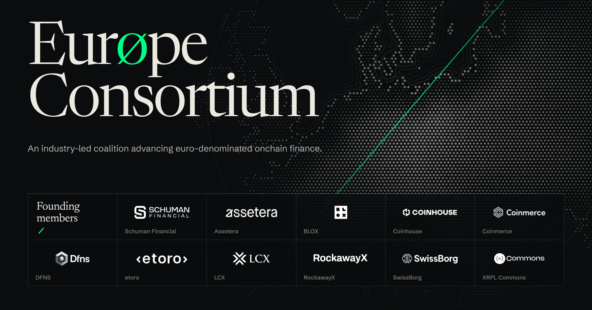 Eurøpe Consortium founding members, including Schuman Financial, eToro, Assetera, Coinhouse, Coinmerce, DFNS, LCX, RockawayX, SwissBorg and XRPL Commons